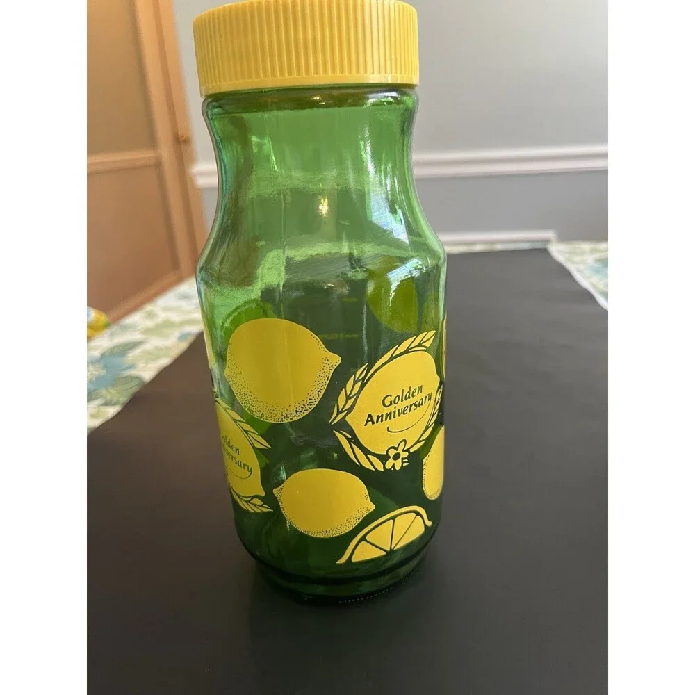 Vintage Anchor Hocking Green Yellow Lemonade Lemon Juice Jar Pitcher Measuring